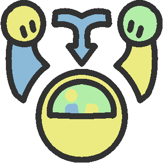 an arrow pointing from two people to a head with tiny silhouettes of them, in the colors of the black blue green and yellow system flag